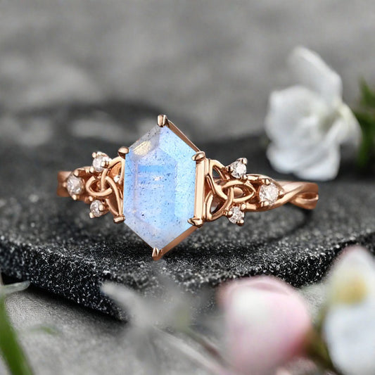 Art Deco Labradorite Engagement Ring Hexagon Cut Labradorite Bridal Ring