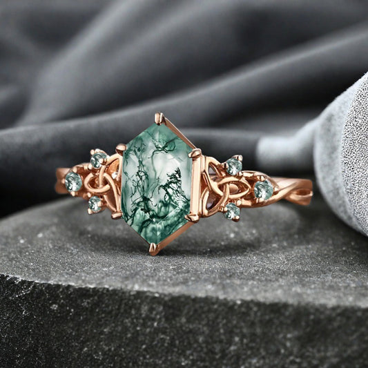 Art Deco Moss Agate Engagement Ring Hexagon Cut Moss Agate Bridal Ring