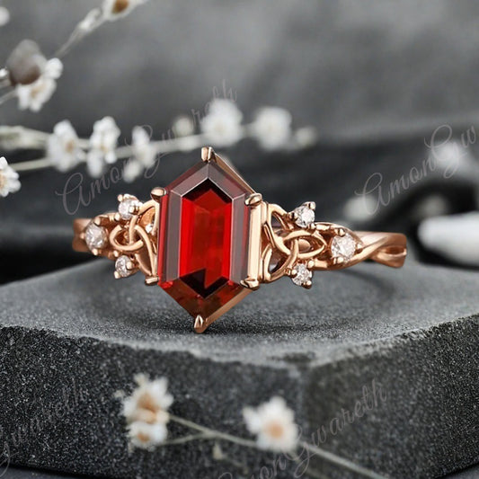 Art Deco Ruby Engagement Ring Hexagon Cut Ruby Bridal Ring