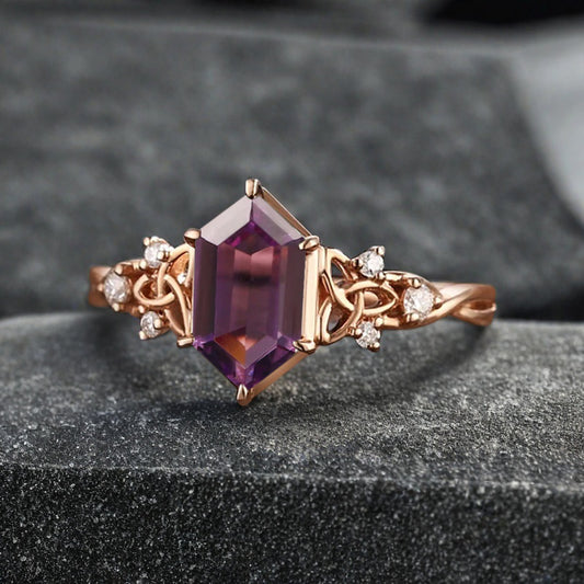 Art Deco Amethyst Engagement Ring Hexagon Cut Amethyst Bridal Ring