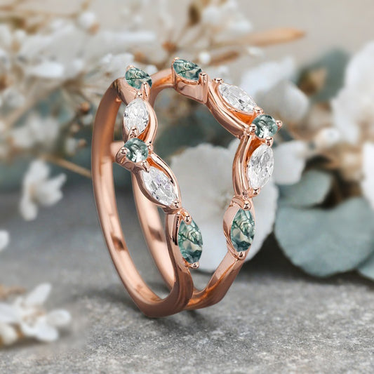 Moss Agate Wedding Ring Curved Enhancer Moissanite Wedding Band Vintage Stacking Band Unique Promise Anniversary Gift For Her