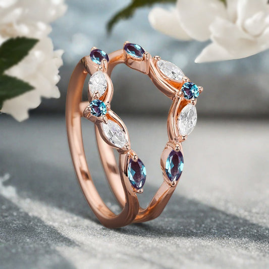 Alexandrite Wedding Ring Curved Enhancer Alexandrite Wedding Band Vintage Stacking Band Unique Promise Anniversary Gift For Her