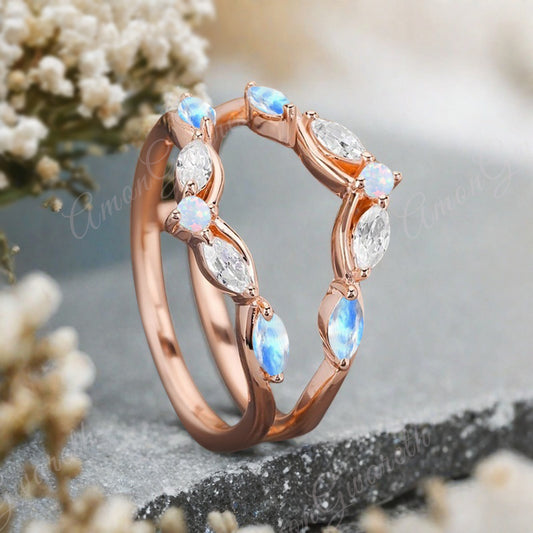 Moonstone Wedding Ring Curved Enhancer Moonstone Wedding Band Vintage Stacking Band Unique Promise Anniversary Gift For Her