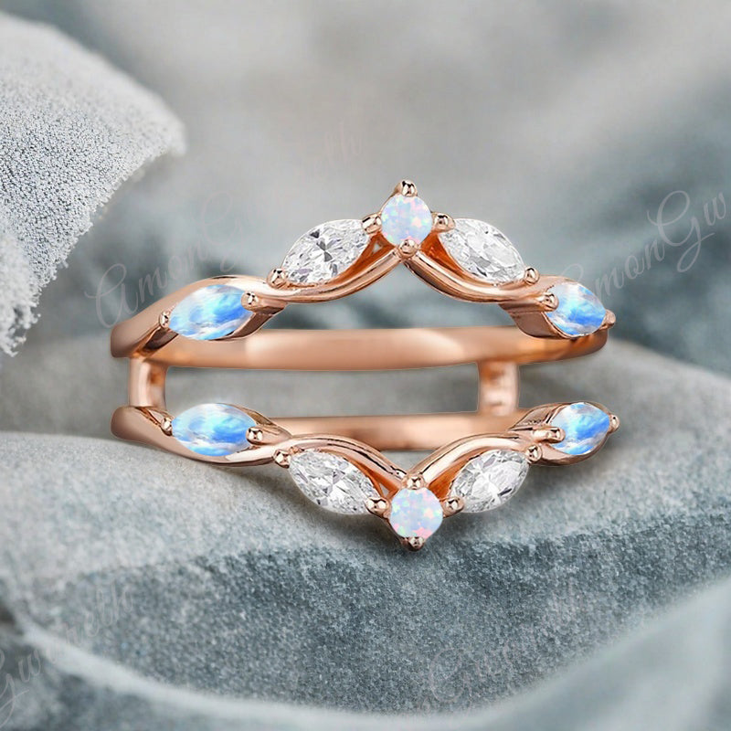 Moonstone Wedding Ring Curved Enhancer Moonstone Wedding Band Vintage Stacking Band Unique Promise Anniversary Gift For Her
