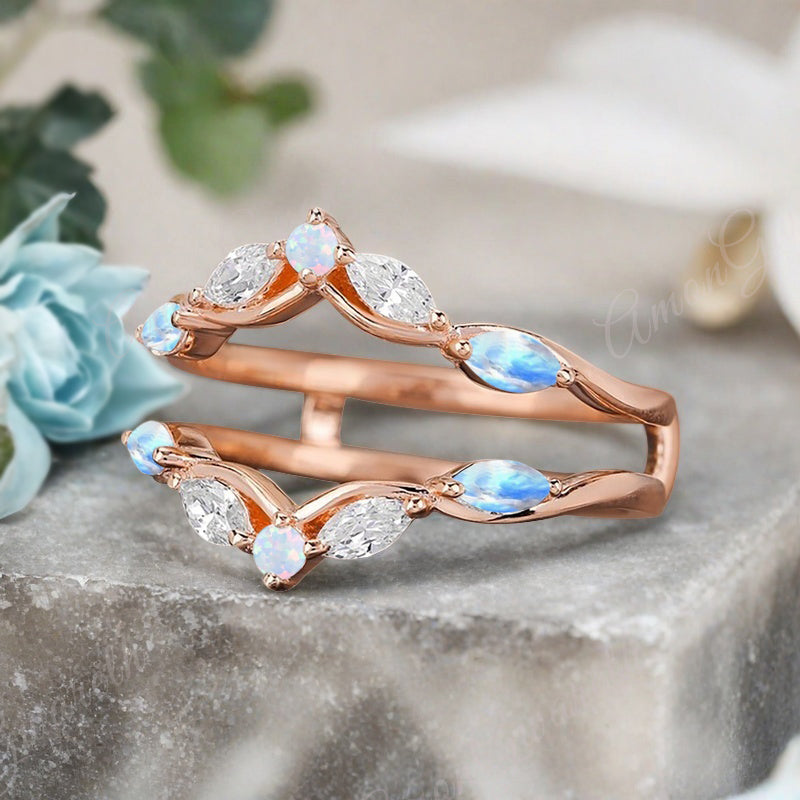 Moonstone Wedding Ring Curved Enhancer Moonstone Wedding Band Vintage Stacking Band Unique Promise Anniversary Gift For Her