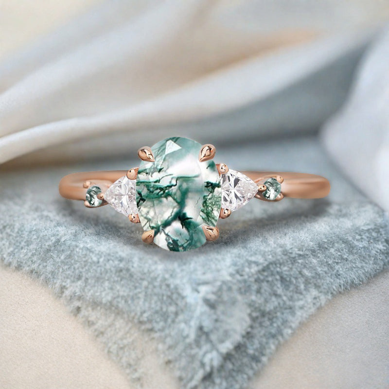 Vintage Oval Shape Moss Agate Engagement Ring Set Unique Moss Agate Gemstone Promise Bridal Ring