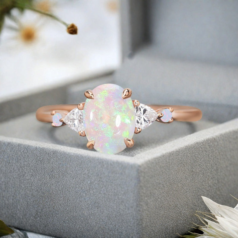 Vintage Oval Shape Opal Engagement Ring Set Unique Opal Gemstone Promise Bridal Ring