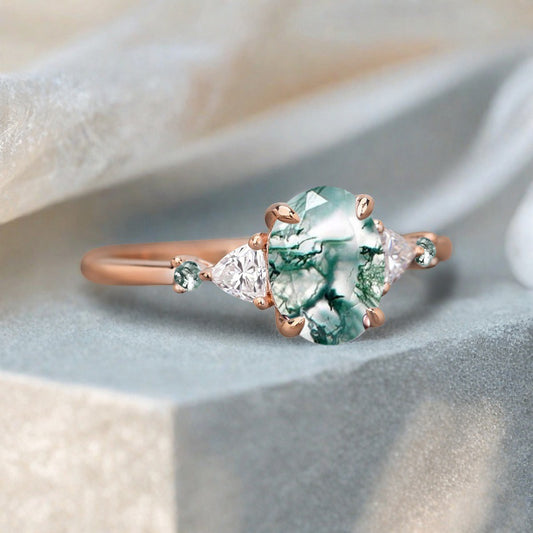 Vintage Oval Shape Moss Agate Engagement Ring Set Unique Moss Agate Gemstone Promise Bridal Ring