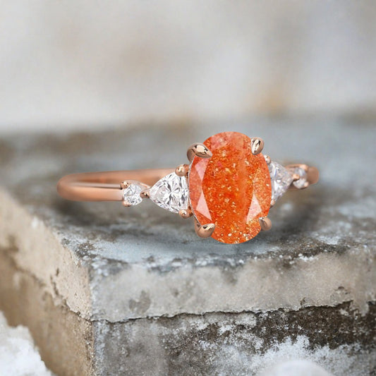 Vintage Oval Shape Sunstone Engagement Ring Set Unique Sunstone Promise Bridal Ring