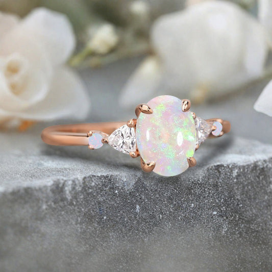Vintage Oval Shape Opal Engagement Ring Set Unique Opal Gemstone Promise Bridal Ring