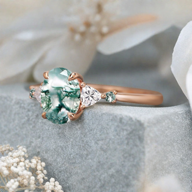 Vintage Oval Shape Moss Agate Engagement Ring Set Unique Moss Agate Gemstone Promise Bridal Ring