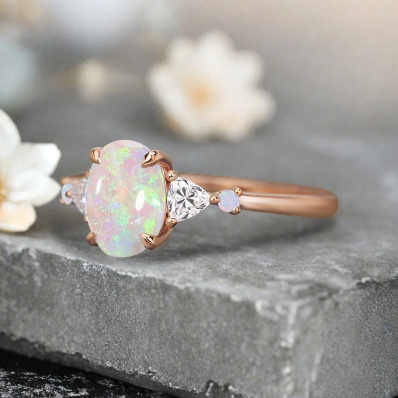 Vintage Oval Shape Opal Engagement Ring Set Unique Opal Gemstone Promise Bridal Ring