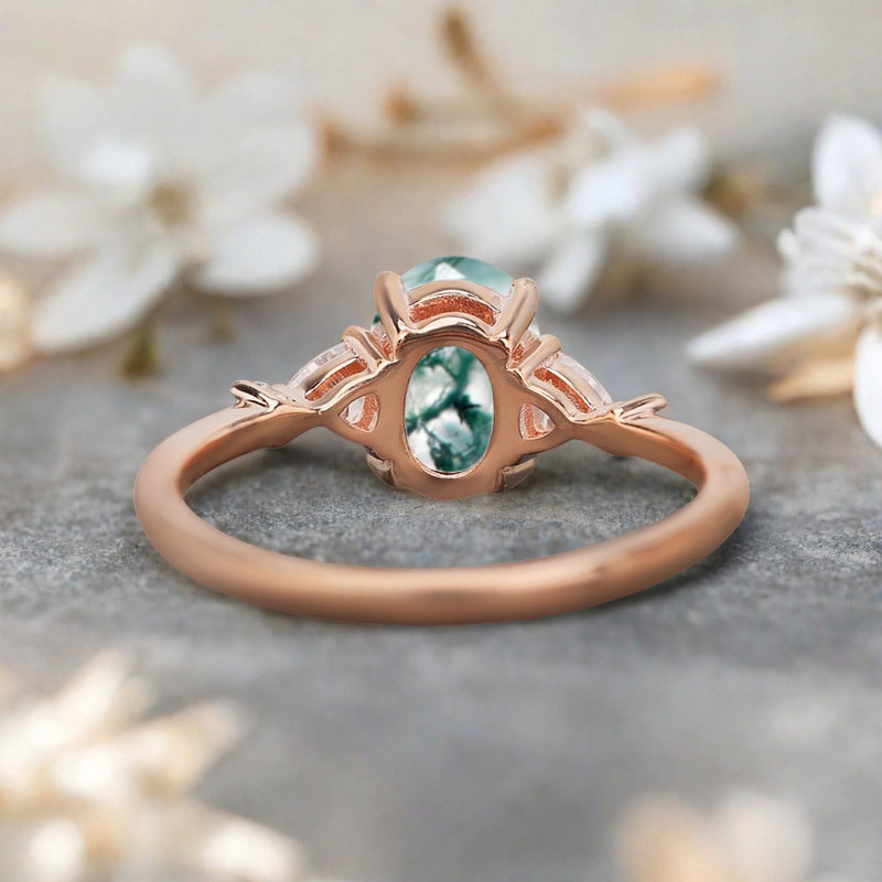 Vintage Oval Shape Moss Agate Engagement Ring Set Unique Moss Agate Gemstone Promise Bridal Ring