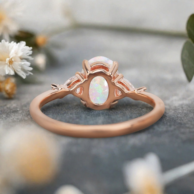 Vintage Oval Shape Opal Engagement Ring Set Unique Opal Gemstone Promise Bridal Ring