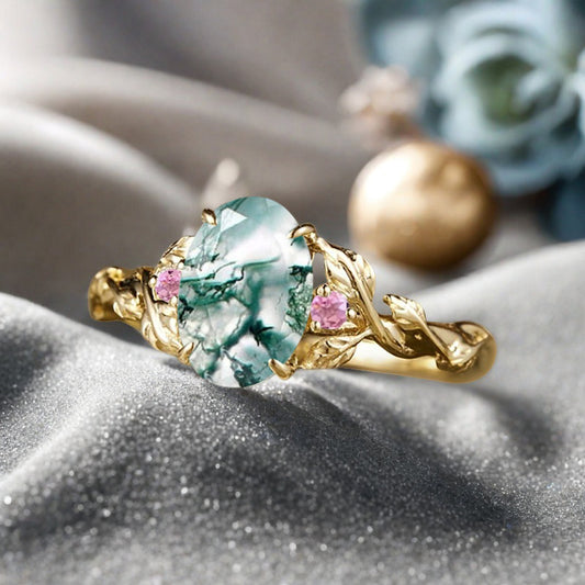 Vintage Oval Shape Moss Agate Engagement Ring Set Unique Pink Sapphire Gemstone Promise Bridal Ring Set Anniversary Gift