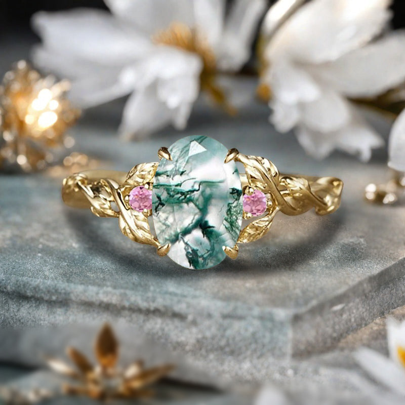 Vintage Oval Shape Moss Agate Engagement Ring Set Unique Pink Sapphire Gemstone Promise Bridal Ring Set Anniversary Gift