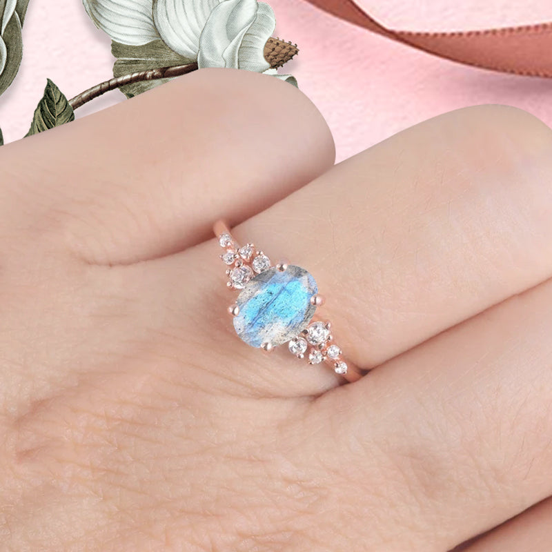 Vintage Labradorite Ring Solid 10k Rose Gold Ring Solitaire Ring Oval Cut White-Blue Engagement Ring Anniversary Gift Ring For Her