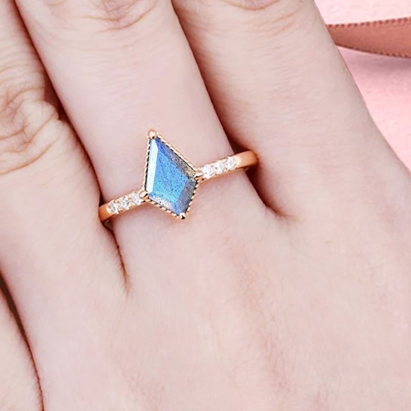 Kite cut Labradorite engagement ring Vintage Moissanite Ring Band Art deco bridal ring Anniversary gift