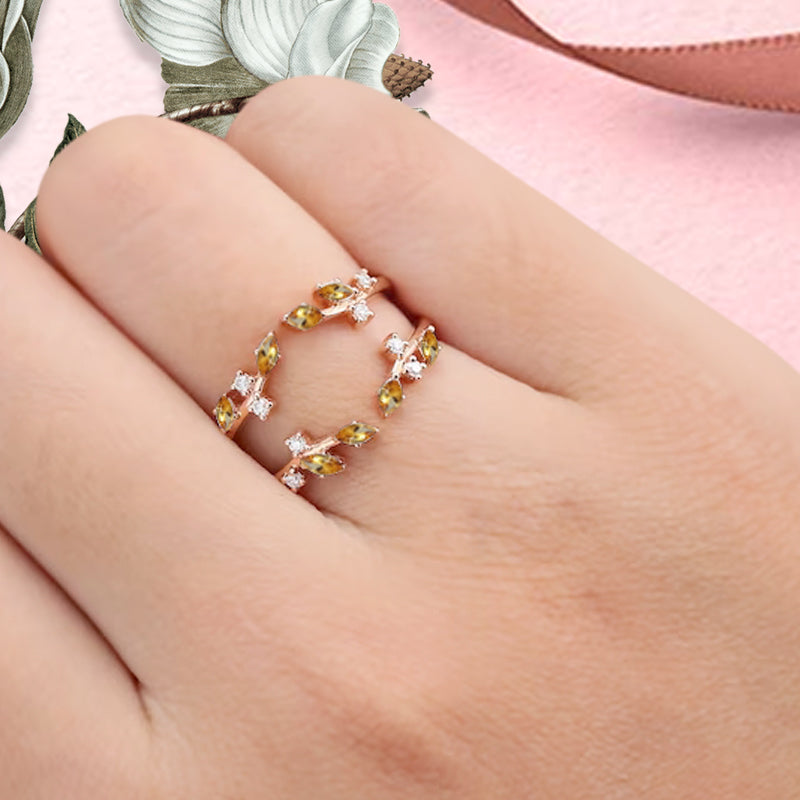 Marquise cut Citrine wedding band Unique Rose gold enhancer band vintage citrine double band Open wedding band leaf ring Anniversary
