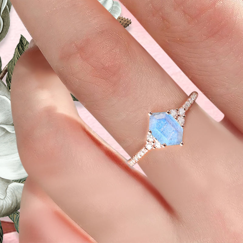 Vintage Unique Labradorite Engagement Ring Solid 14K Gold White-blue Labradorite Ring July Birthstone Ring Delicate Labradorite Gemstone Ring Handmade Bridal Jewelry