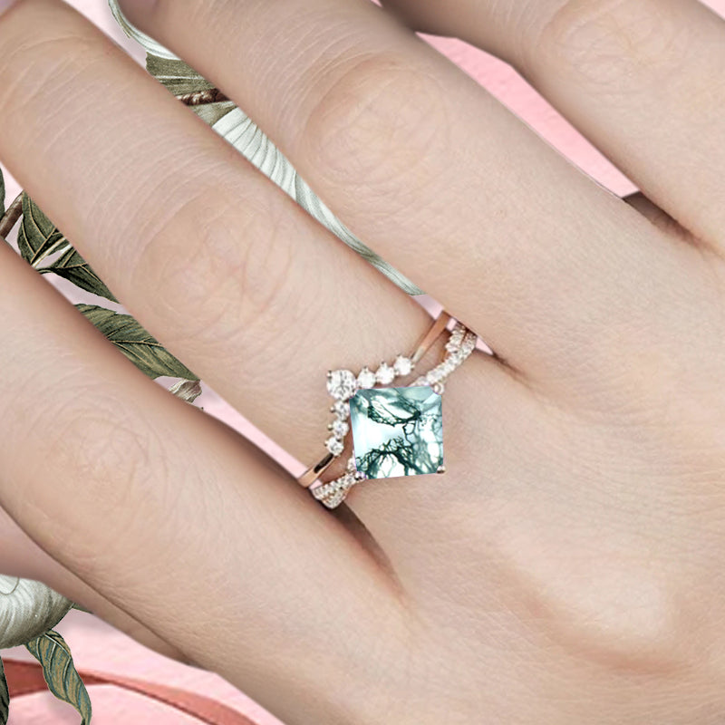 Vintage Princess Cut Ring, Moss Agate Engagement Ring, Sterling Silver Ring, Handmade 18K Gold Art Deco Promise Ring
