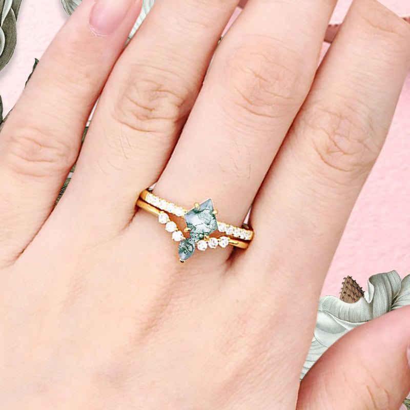 Vintage Kite Cut moss agate engagement ring set Rose gold Stackable ring unique bridal wedding ring set gift