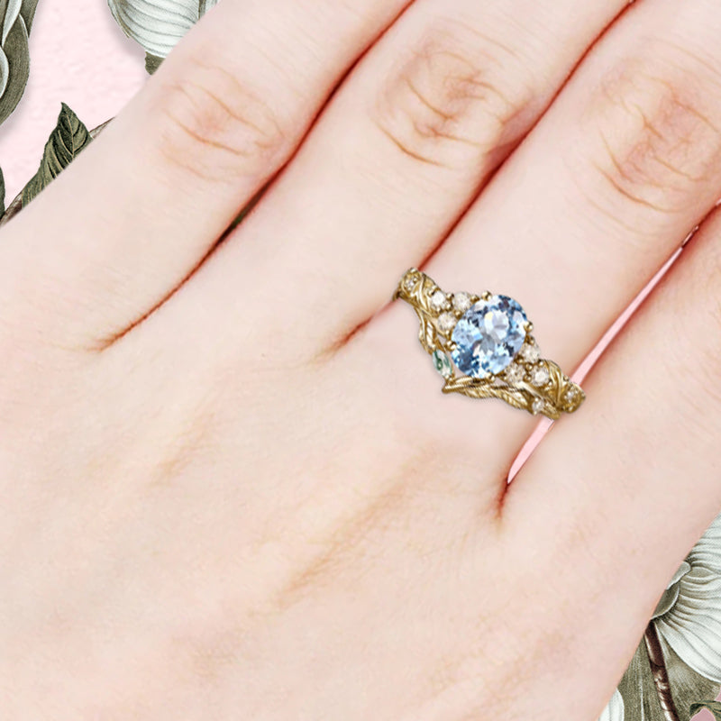 Vintage Oval Shape Aquamarine Engagement Ring Set Unique Aquamarine Gemstone Promise Bridal Ring Set Anniversary Gift