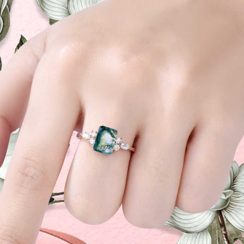 Lab Moss Agate Engagement Ring Emerald Cut Vintage Rose Gold Moss Agate Cluster Ring Bridal Promise Ring