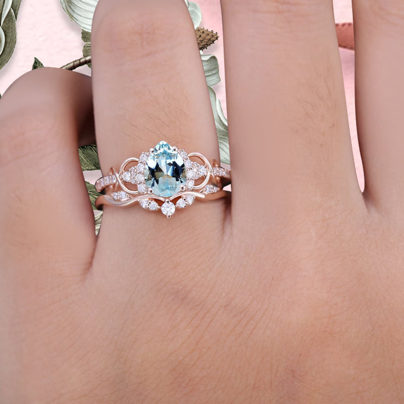 Vintage Aquamarine Ring Set Unique Pear Cut Engagement Moissanite Cluster Wedding Promise Ring Set For Women Delicate Gemstone Ring
