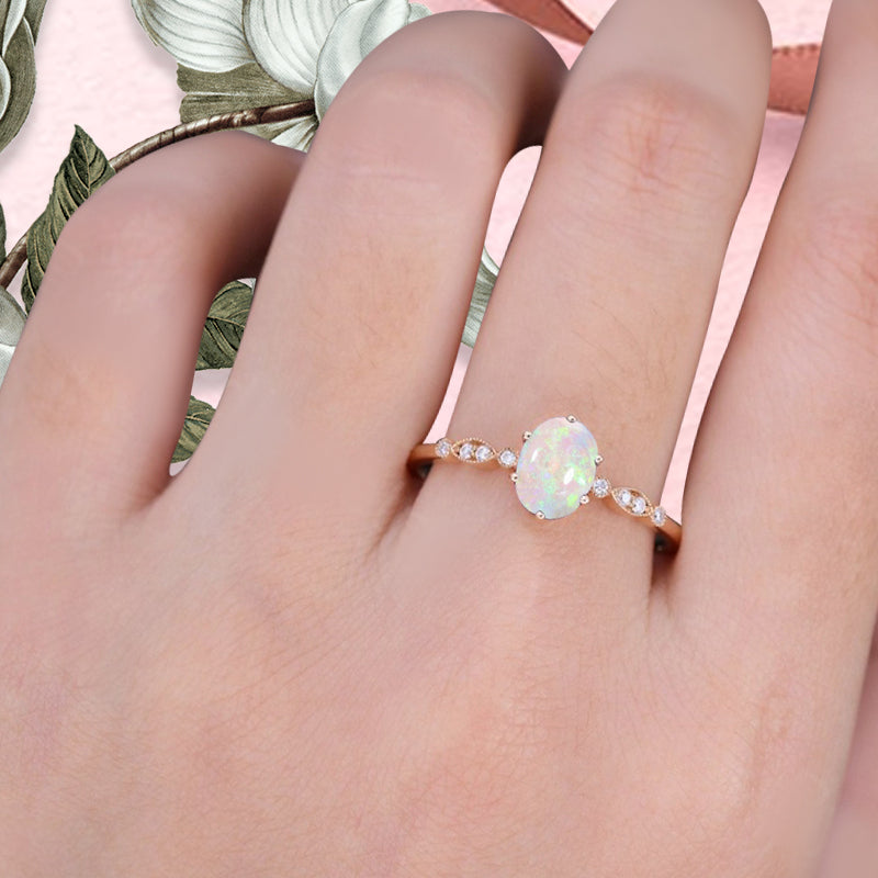 Vintage Oval Cut Opal Engagement Ring Unique Moissanite Wedding Ring Art Deco Rose Gold Ring Dainty Bridal Ring Anniversary Gift Ring