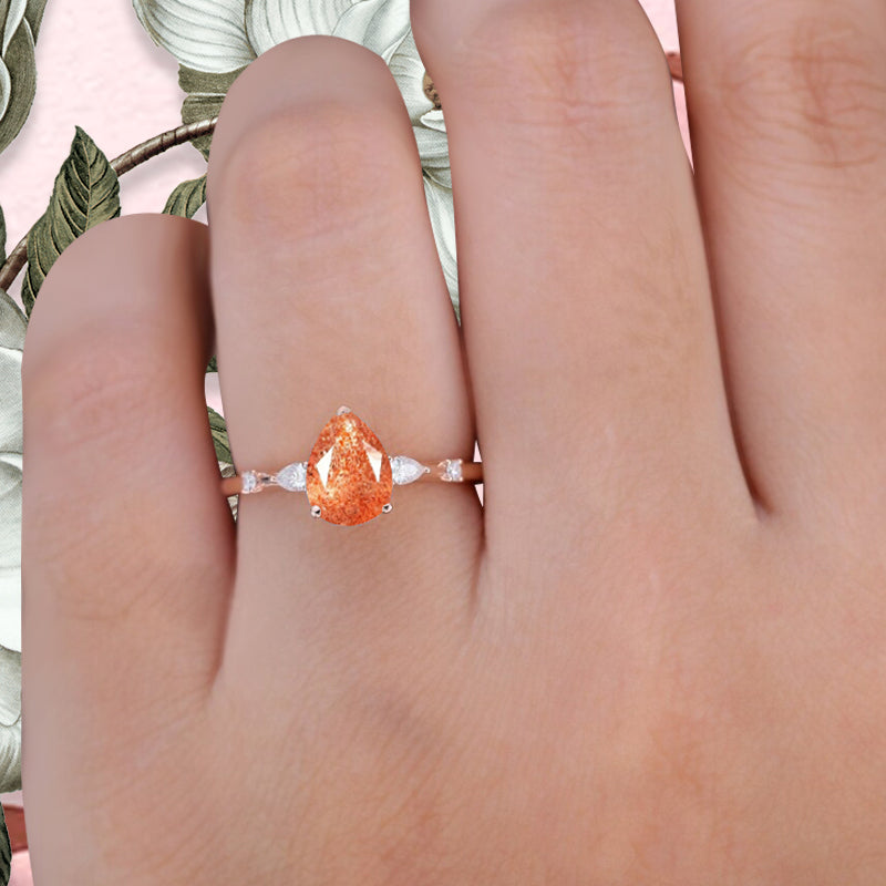 Pear Sunstone Engagement Ring in Rose Gold with Moissanite Accents | 3 Prong Dainty Pear Cut Sunstone Bridal Ring | Unique Gift for Her