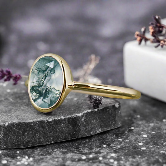 Unique Vintage Oval Cut Natural Moss Agate Ring Solitaire Engagement Ring Art Deco Moss Agate Ring Handmade Rose Gold Bridal Promise Ring