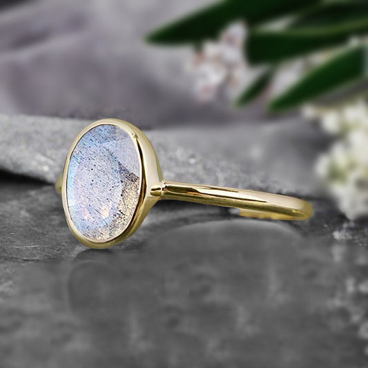 Unique Vintage Oval Cut Natural Labradorite Ring Solitaire Engagement Ring Art Deco Labradorite Ring Handmade Rose Gold Bridal Promise Ring