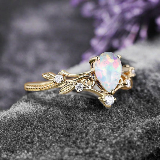 Vintage pear shaped opal engagement ring leaf ring art deco bridal ring 14k rose gold ring for women promise bridal ring unique ring