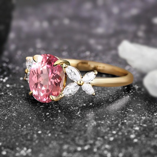 Vintage Oval Pink Sapphire Engagement Ring Unique Oval Pink Sapphire Moissanite Sidestones Promise Ring