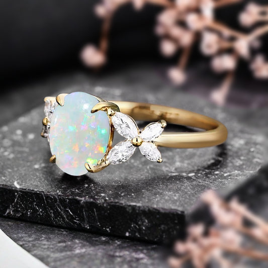 Vintage Oval Opal Engagement Ring Unique Oval Opal Gemstone Promise Ring