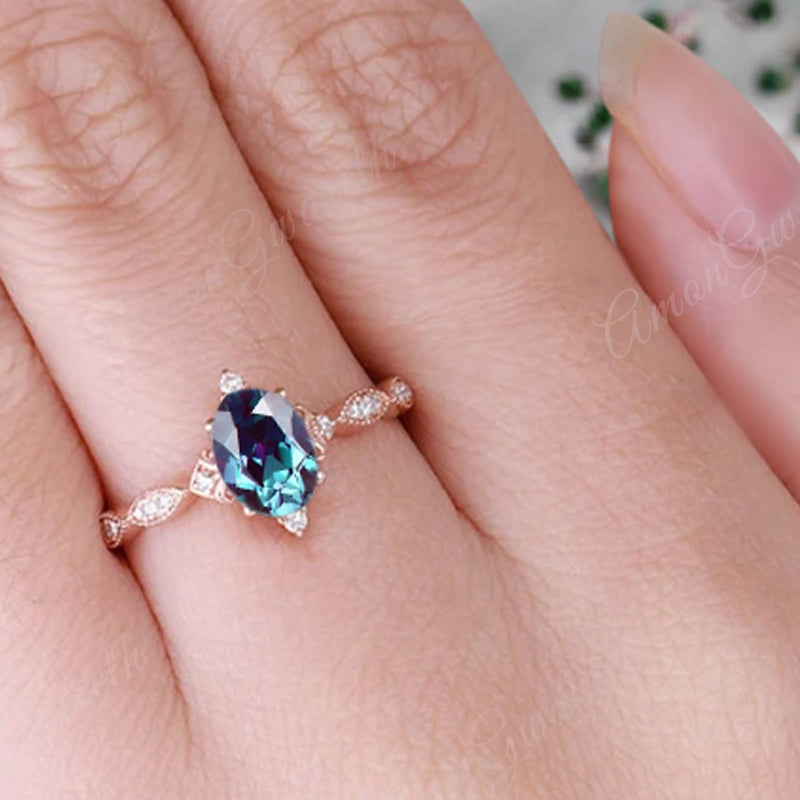 Alexandrite Ring Dainty Ring Oval Cut Alexandrite Engagement Ring Art Deco June Birthstone Ring Promise Ring Gift For Her