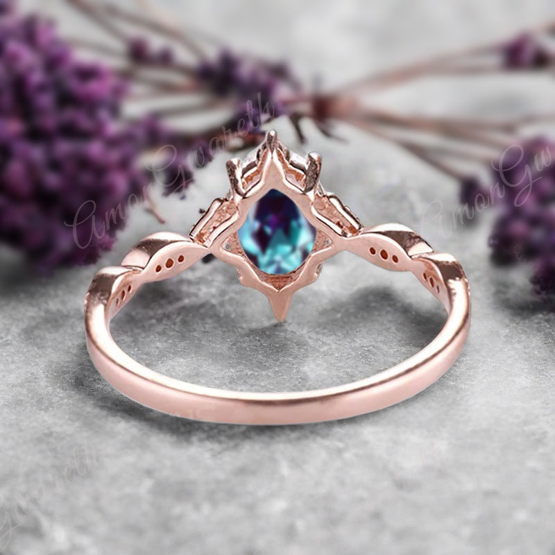 Alexandrite Ring Dainty Ring Oval Cut Alexandrite Engagement Ring Art Deco June Birthstone Ring Promise Ring Gift For Her