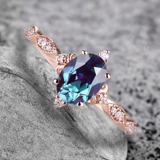Alexandrite Ring Dainty Ring Oval Cut Alexandrite Engagement Ring Art Deco June Birthstone Ring Promise Ring Gift For Her