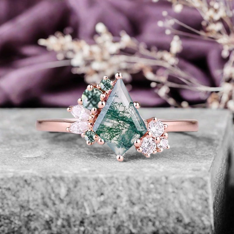 Vintage Kite Shape Moss Agate Ring Unique Promise Bridal Ring