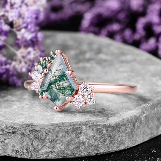 Vintage Kite Shape Moss Agate Ring Unique Promise Bridal Ring