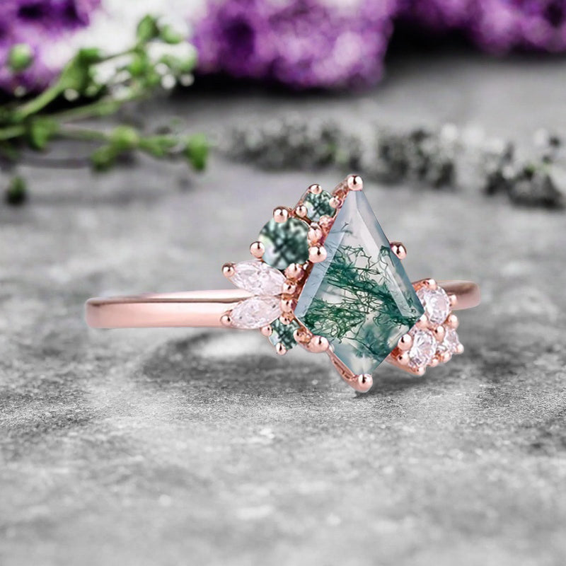 Vintage Kite Shape Moss Agate Ring Unique Promise Bridal Ring