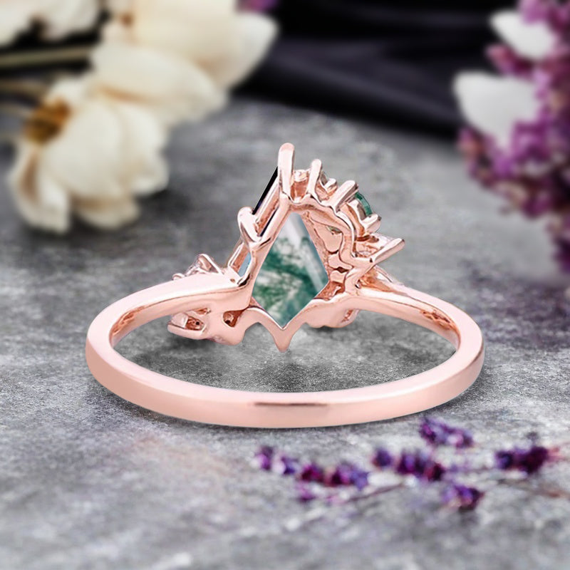 Vintage Kite Shape Moss Agate Ring Unique Promise Bridal Ring