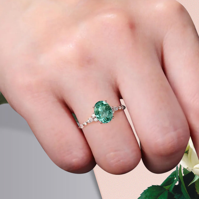 Vintage Unique Tsavorite Ring 14K Rose Gold Oval Cut Women Danity Tsavorite Moissanite Promise Ring