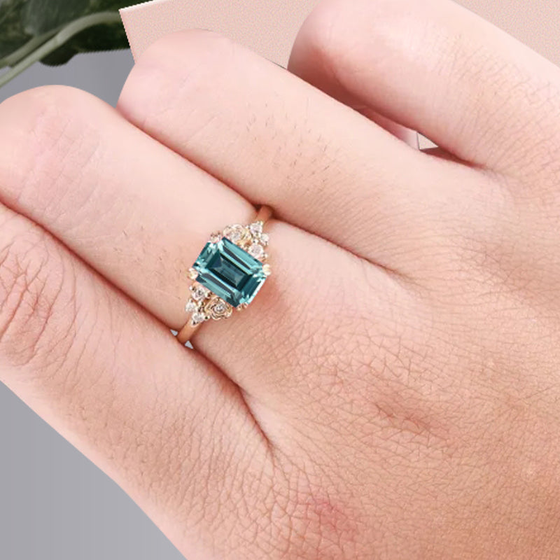 Art Deco Aquamarine Flower Design Gemstone Ring Unique Vintage Emerald Cut Aquamarine Engagement Ring Wedding Promise Ring For Women
