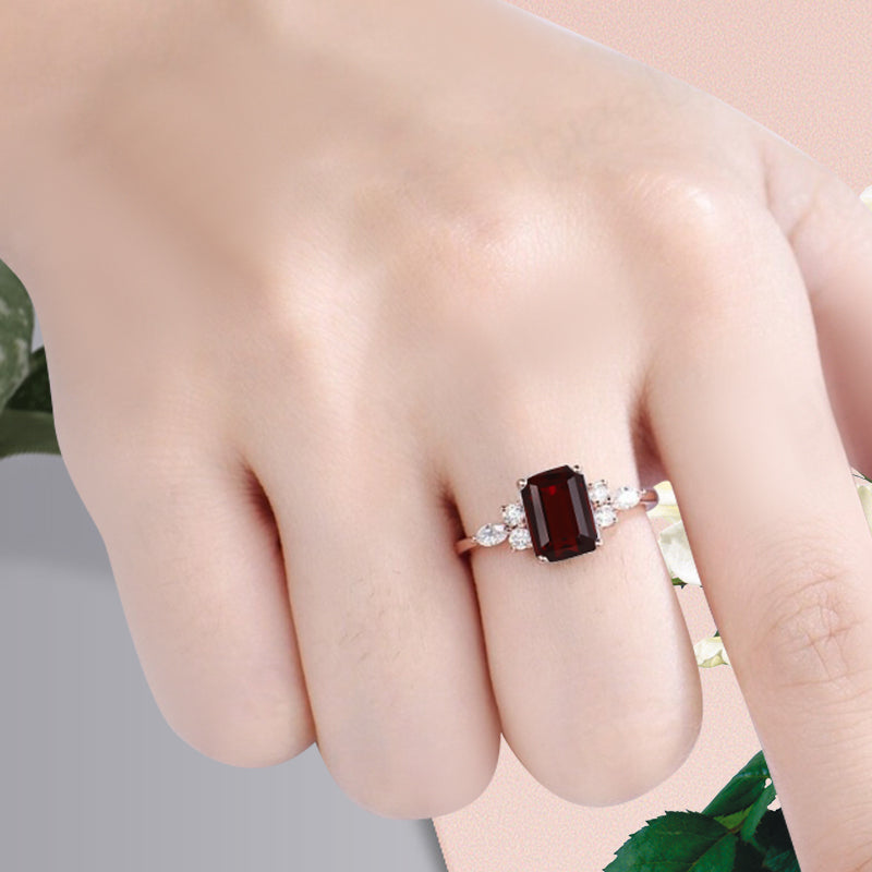 Lab Ruby Engagement Ring Emerald Cut Vintage Rose Gold Moissanite Cluster Ring Bridal Promise Ring