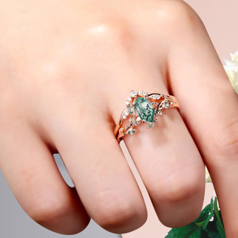 18k Solid Gold Moss Agate Ring Set, Nature Leaf Solitaire Ring Green Healing Gemstone Ring Set, Everyday Wear Thin Ring Promise Ring For Women