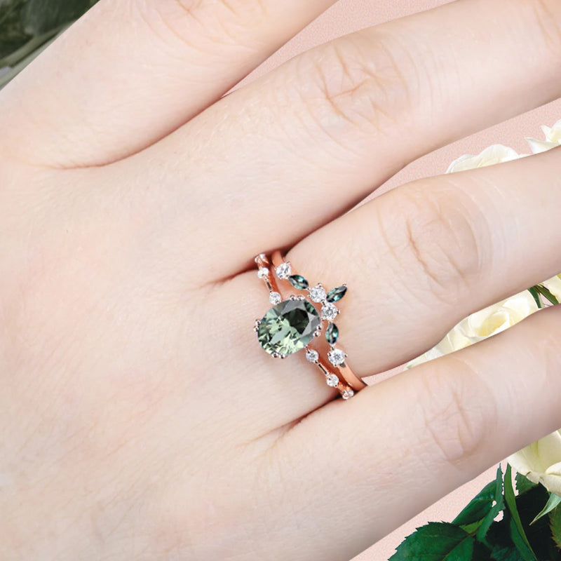 Vintage Oval Shape Tsavorite Enhancer Ring Set Unique Tsavorite Gemstone Promise Bridal Ring Set