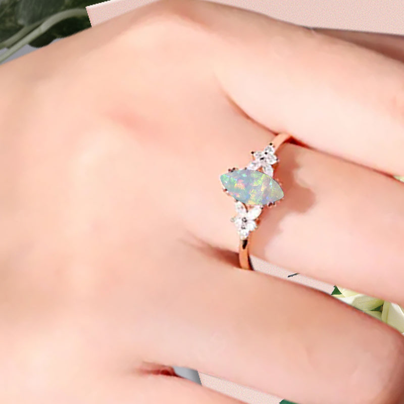 Marquise Cut Opal Ring Vintage Solid Gold Engagement Ring White Pink Opal Ring Unique Moissanite Bridal Wedding Anniversary Gift For Her