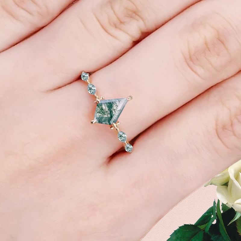 Kite cut Moss Agate engagement ring Unique Rose gold engagement ring Vintage Moissanite ring Art deco bridal ring Promise ring Anniversary gift